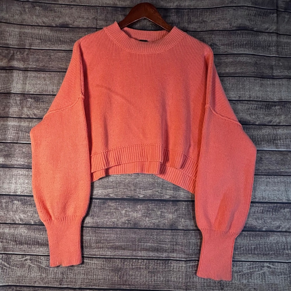 Free People Easy Street Coral Pink Cropped Ribbed Knit Sweater Womens Small
